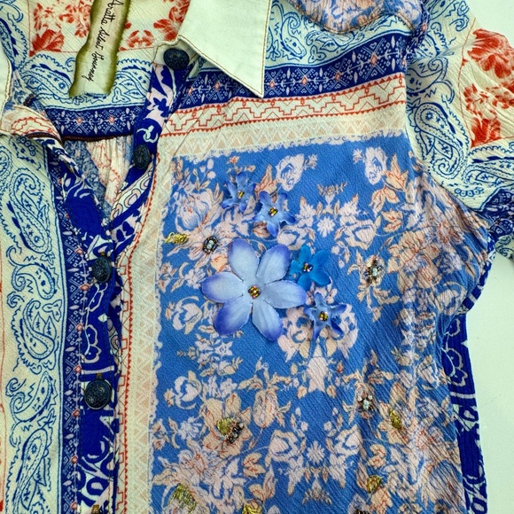 Aratta Coral, Blue & White Patchwork Button-Up - Picture 4 of 16